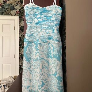 Kay Unger Turquoise and White Sheath Cocktail Dress